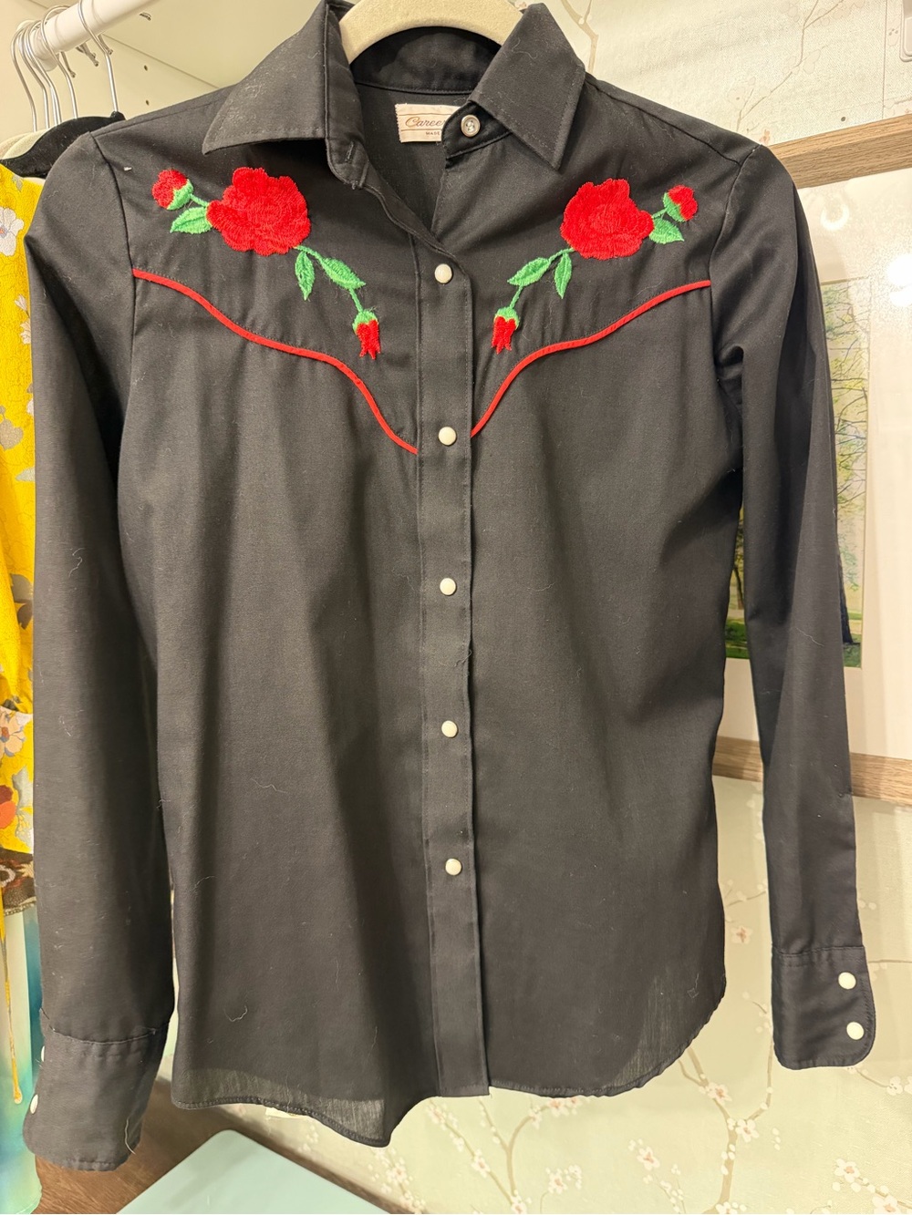 Vintage Western Rodeo Shirt with Red Rose Embroidery